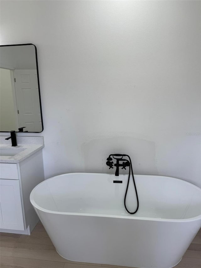 bathroom featuring vanity, a bath, and wood-type flooring