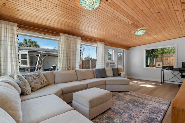 living room with wood ceiling and hardwood / wood-style floors