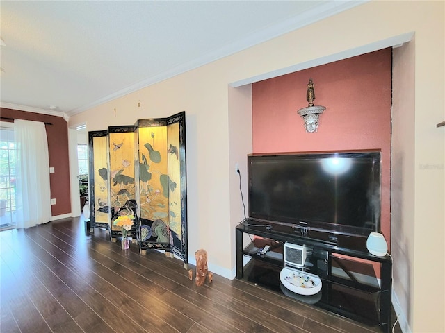 living room featuring ornamental molding and dark hardwood / wood-style flooring