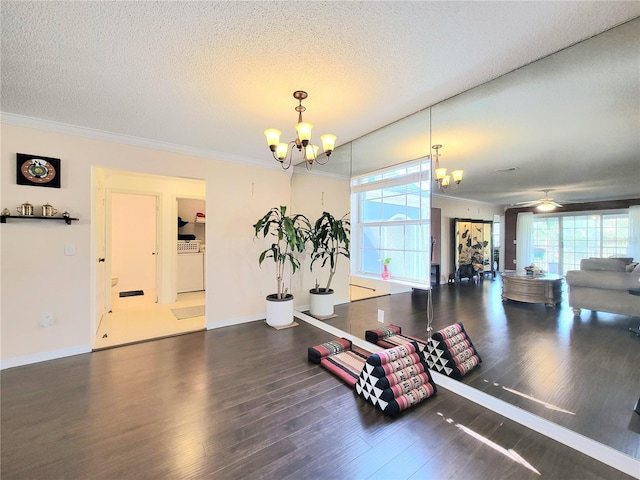 exercise area featuring dark wood-type flooring, crown molding, and a textured ceiling