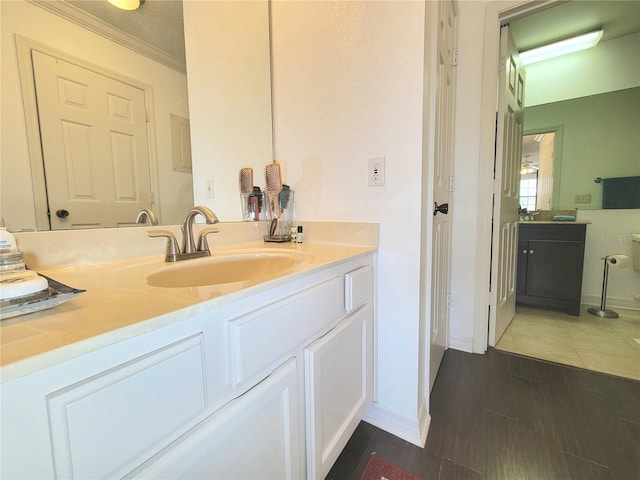 bathroom with vanity, hardwood / wood-style floors, and ornamental molding