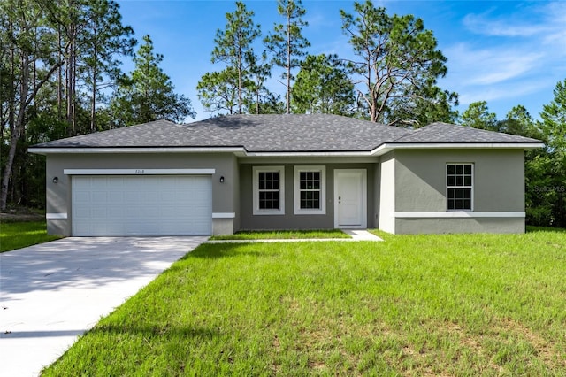 3268 W Montgomery Ln, Citrus Springs, FL 34433 - single story home with stucco siding, an attached garage, driveway, and a front yard