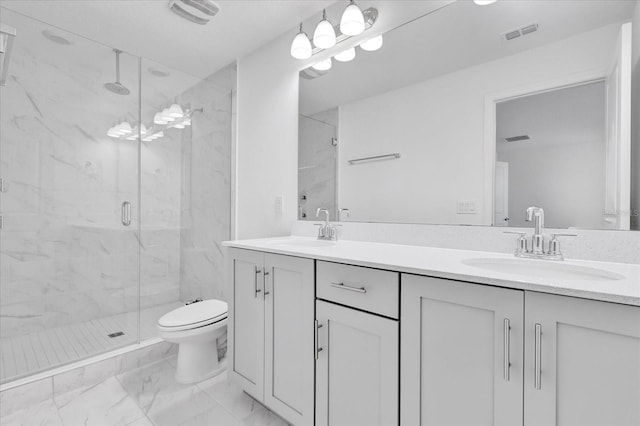 bathroom featuring walk in shower, vanity, and toilet