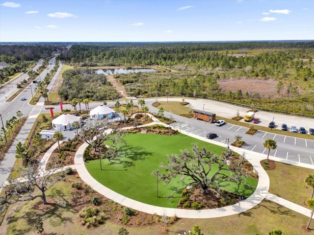 birds eye view of property with a water view and a forest view