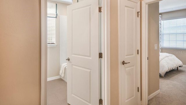 hallway with light carpet and a wealth of natural light