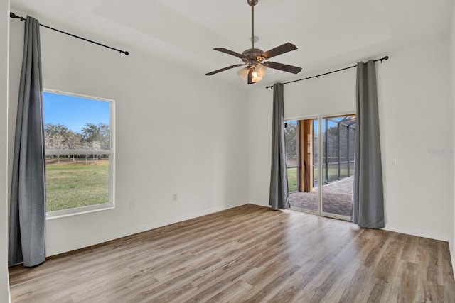 unfurnished room featuring ceiling fan, a wealth of natural light, and light wood-type flooring