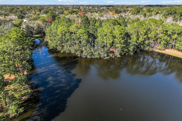 aerial view featuring a water view and a forest view