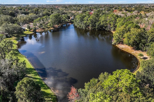 drone / aerial view featuring a water view and a view of trees