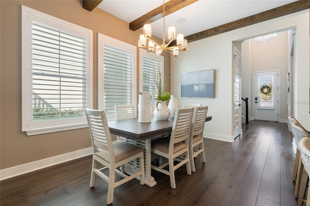 dining space with beam ceiling, dark hardwood / wood-style flooring, and a chandelier