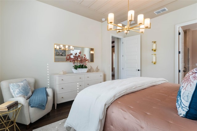 bedroom featuring dark wood-type flooring, wood ceiling, and an inviting chandelier