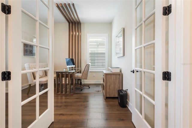 office space with dark wood-type flooring and french doors