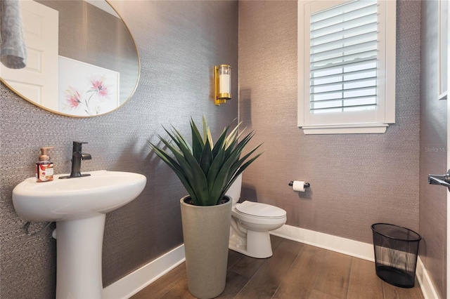 bathroom with toilet and hardwood / wood-style floors