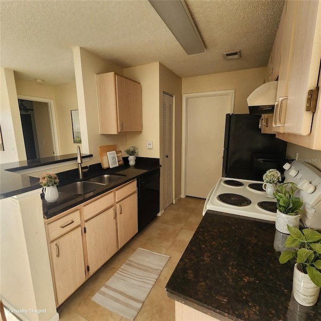 kitchen with refrigerator, range with electric cooktop, black dishwasher, custom range hood, and light brown cabinetry