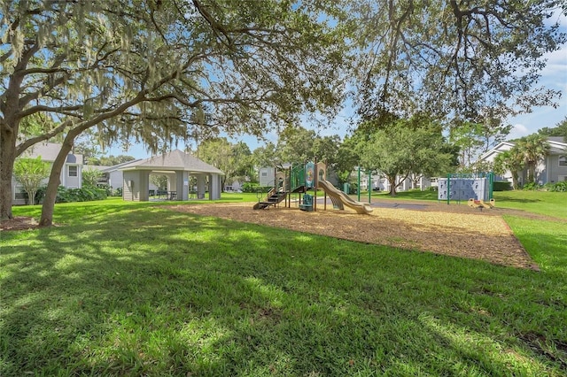 view of jungle gym with a gazebo and a yard