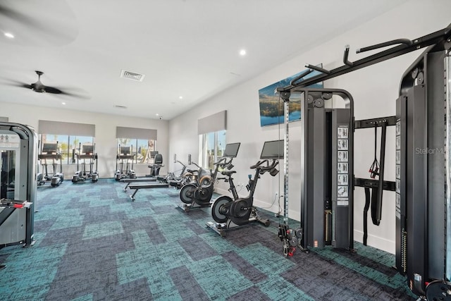4110 Gooseberry Trl, Kissimmee, FL 34746 - gym featuring carpet floors, recessed lighting, a ceiling fan, and baseboards