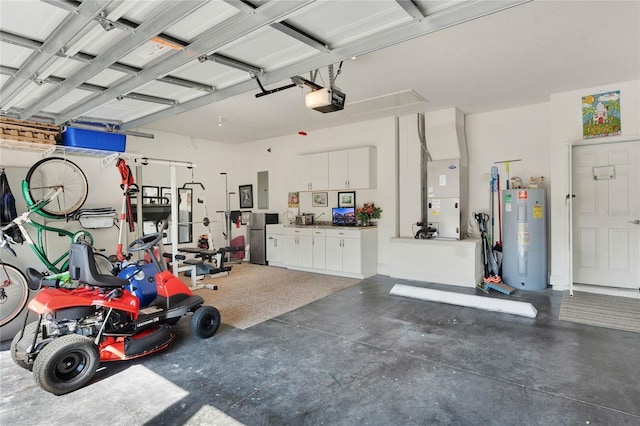 garage featuring heating unit, a garage door opener, electric panel, and water heater