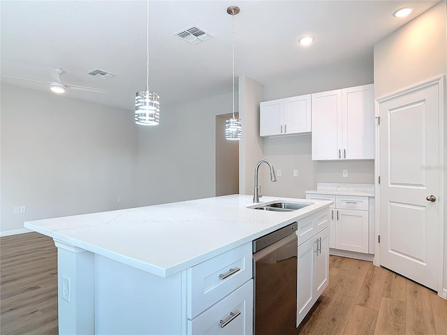 kitchen with sink, decorative light fixtures, stainless steel dishwasher, a kitchen island with sink, and white cabinets