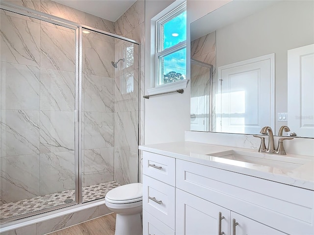 bathroom featuring a shower with door, vanity, and toilet