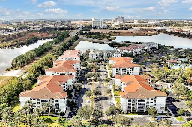 drone / aerial view featuring a water view