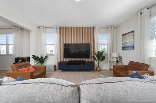 living room featuring plenty of natural light and a textured ceiling