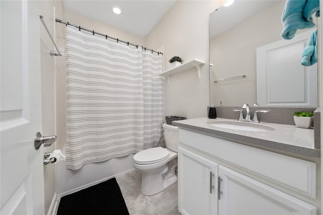 full bathroom with vanity, shower / bath combo, tile patterned floors, and toilet