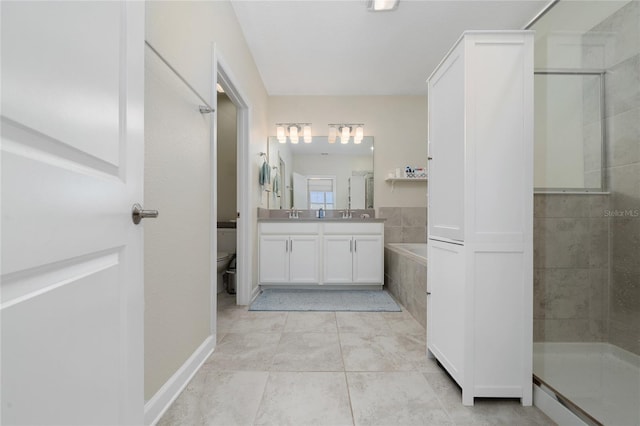 full bathroom featuring vanity, tile patterned floors, plus walk in shower, and toilet