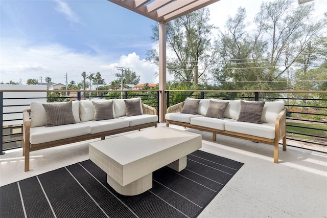 view of patio / terrace with an outdoor living space and a pergola