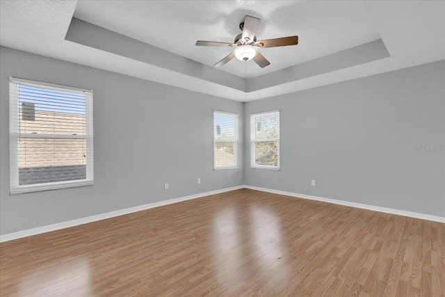 empty room with a raised ceiling and light hardwood / wood-style floors