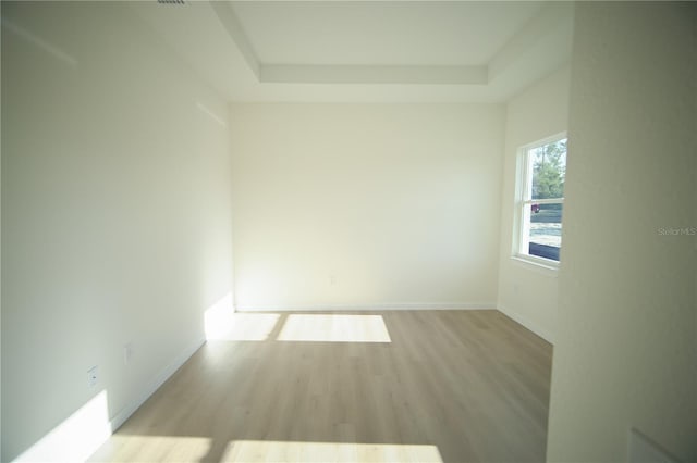 empty room featuring a raised ceiling and light hardwood / wood-style flooring