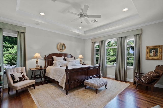 bedroom featuring multiple windows and a tray ceiling