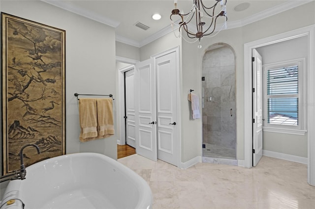 bathroom with ornamental molding, plus walk in shower, and a notable chandelier