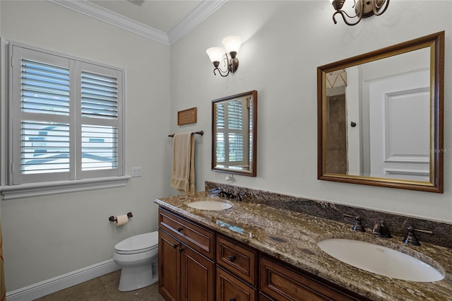 bathroom with tile patterned flooring, ornamental molding, vanity, and toilet