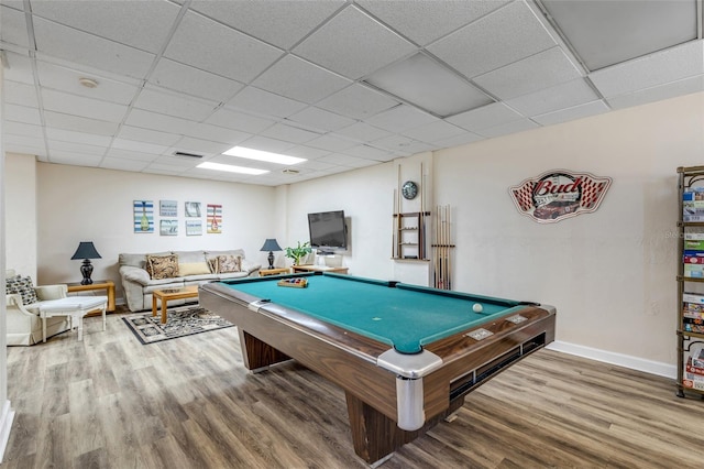 playroom with a paneled ceiling, pool table, and hardwood / wood-style floors