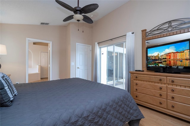 bedroom featuring vaulted ceiling, ensuite bathroom, access to outside, ceiling fan, and light hardwood / wood-style floors