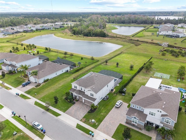 bird's eye view featuring a water view and a residential view