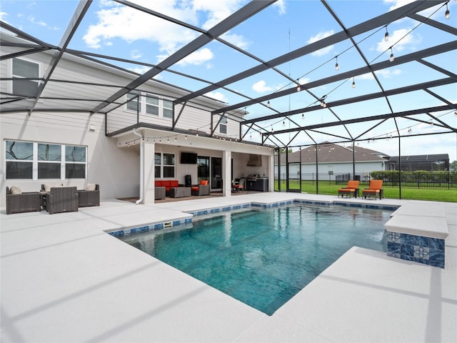 outdoor pool with glass enclosure, a patio area, fence, and an outdoor living space