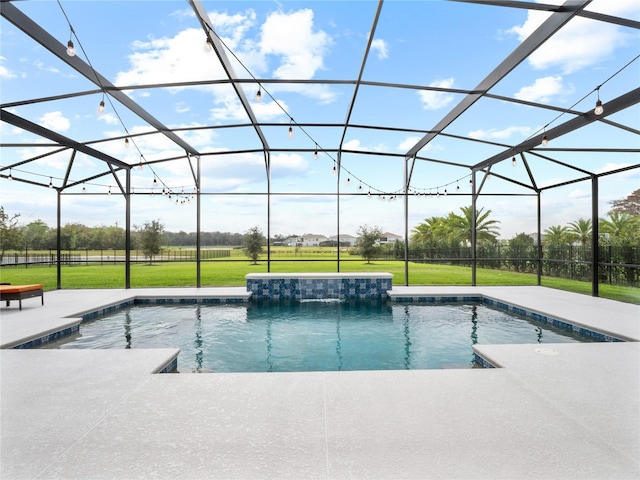 outdoor pool with a lanai, a patio area, and a lawn