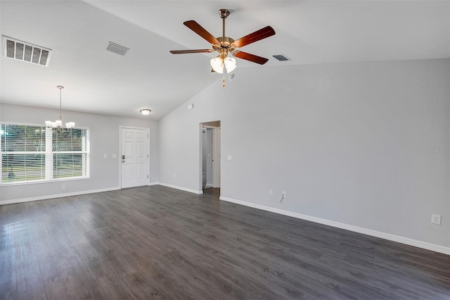 unfurnished living room with dark wood-type flooring, visible vents, and baseboards