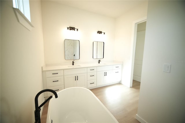 bathroom featuring wood-type flooring, vanity, and a washtub