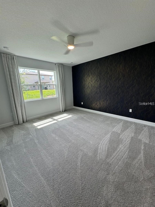 spare room featuring ceiling fan, carpet, and a textured ceiling