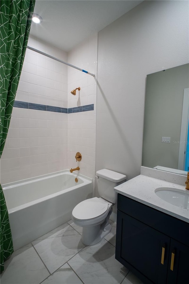 full bath featuring marble finish floor, vanity, shower / bath combo with shower curtain, and toilet