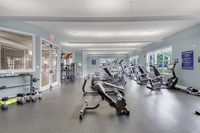 workout area featuring french doors