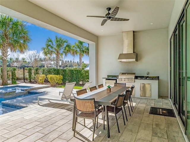 view of patio with a swimming pool with hot tub, area for grilling, and ceiling fan