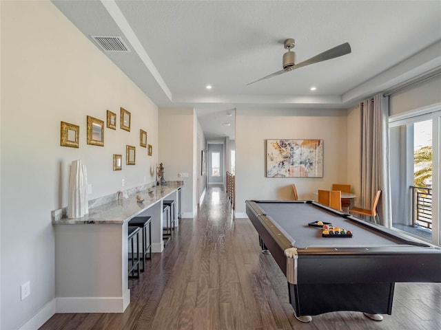 recreation room with a healthy amount of sunlight, dark wood-type flooring, and billiards