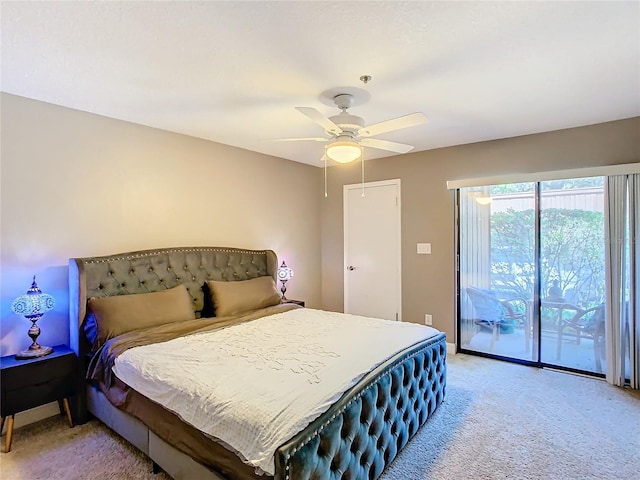 bedroom with carpet floors, access to outside, and ceiling fan