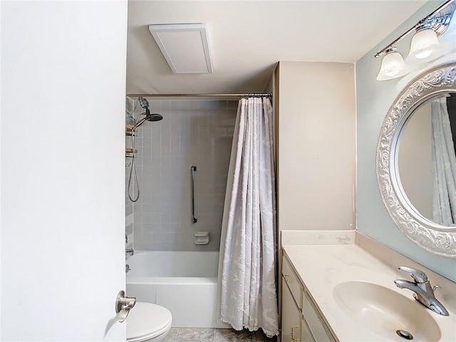 full bathroom with toilet, vanity, tile patterned floors, and shower / bath combo with shower curtain