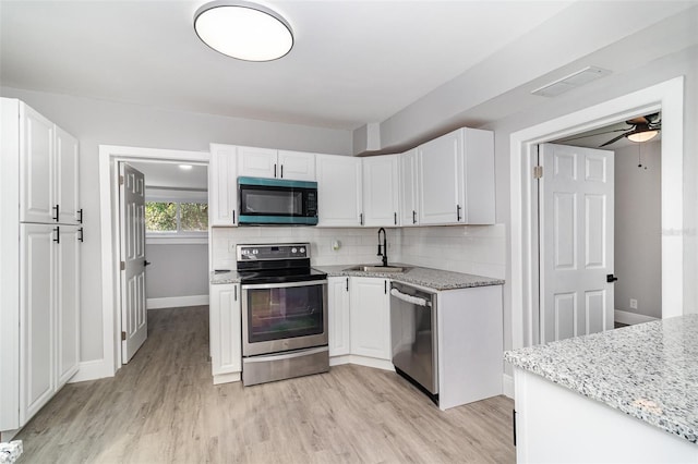 kitchen featuring sink, stainless steel appliances, light stone counters, white cabinets, and decorative backsplash