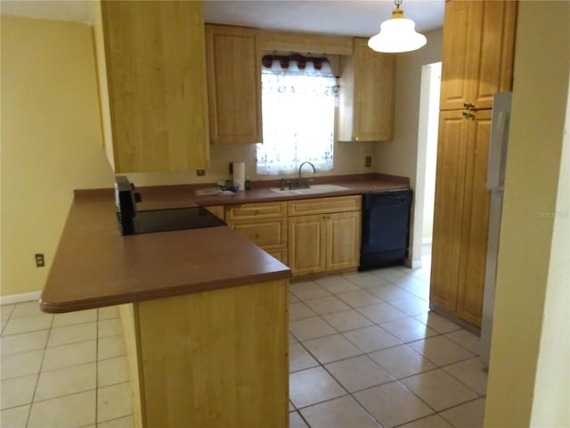 kitchen with light tile patterned flooring, a peninsula, light brown cabinets, a sink, and black appliances
