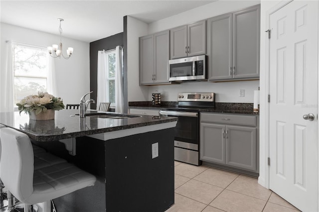 kitchen featuring sink, gray cabinetry, appliances with stainless steel finishes, an island with sink, and pendant lighting