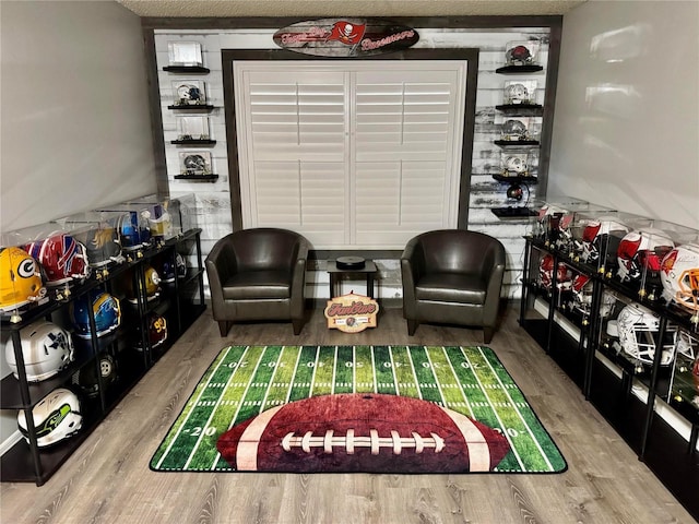 rec room with light hardwood / wood-style flooring and a textured ceiling